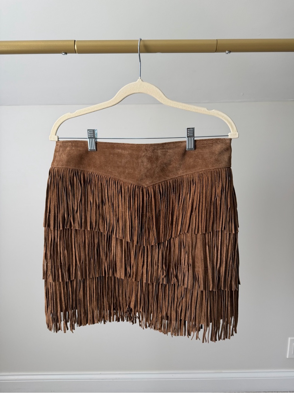 NWOT Scully Brown Real Leather Suede Tiered Fringe Mini Skirt sz XS Western